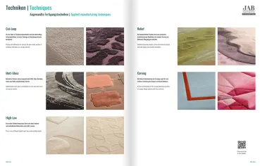 „Katalogseite zu Fertigungstechniken der JAB ICONS Teppiche – Cut-Loop, Relief, Carving, Matt-Glanz und Hoch-Tief für plastische Strukturen und exklusive Oberflächenwirkung.“